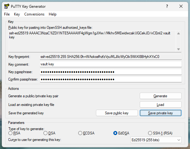 puttygen after key generation